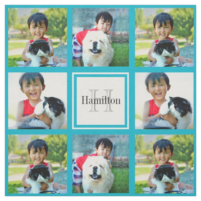 Teal Custom Personalised Photo Collage Monogram Fabric (Swatch)