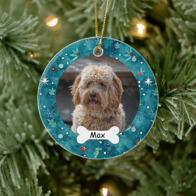 Teal Custom Pet Puppy Dog Photo Ceramic Ornament (Tree)