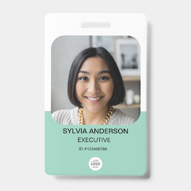 Teal Custom Photo Employee ID Logo QR Code Badge (Front)