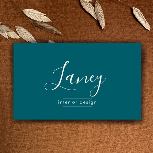 Teal Custom QR Code Interior Design Professional Business Card (Custom elegant script teal and cream simple interior design professional business card template.
)