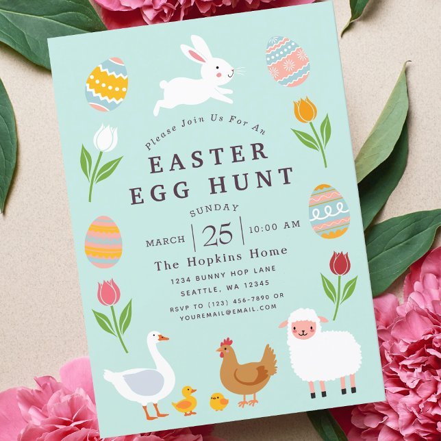 Teal Cute Animals Floral Easter Egg Hunt Invitation (Creator Uploaded)