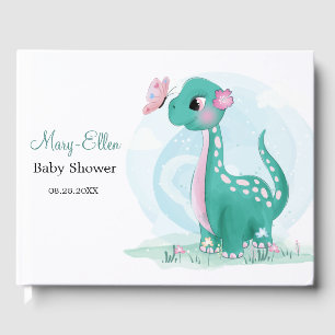 Teal Cute Dinosaur with Butterfly Baby Shower  Guest Book