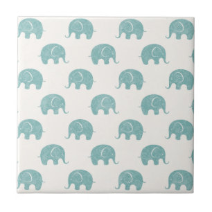 Teal Cute Elephant Pattern Ceramic Tile