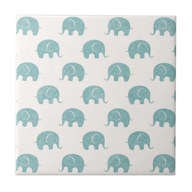 Teal Cute Elephant Pattern Ceramic Tile (Front)