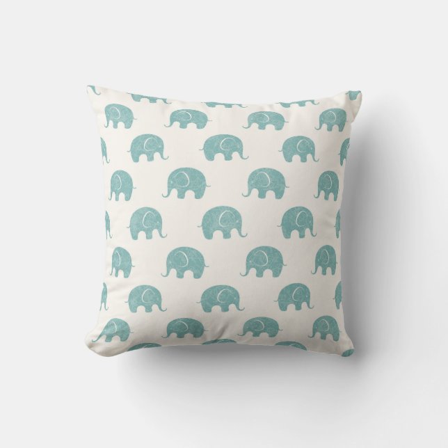 Teal Cute Elephant Pattern Cushion (Front)