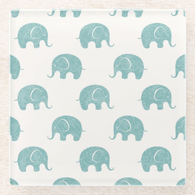 Teal Cute Elephant Pattern Glass Coaster (Front)