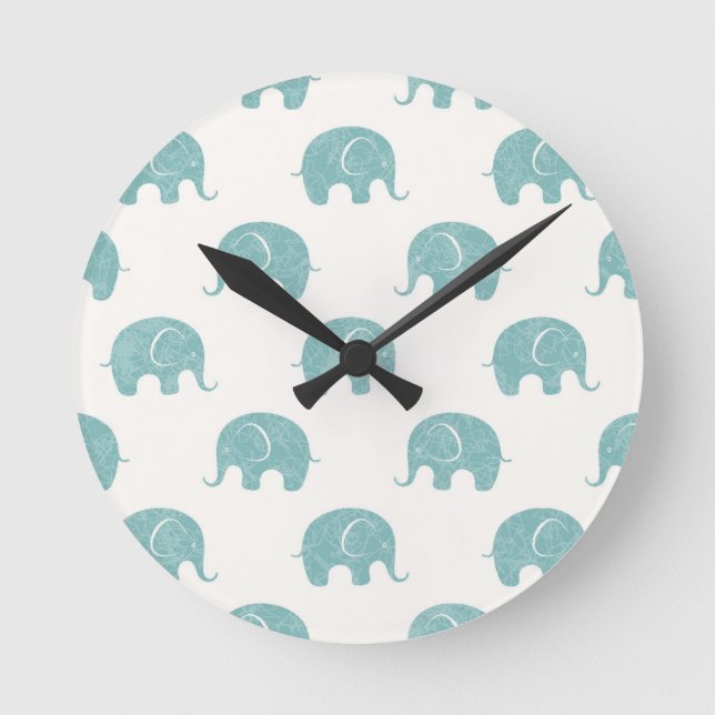 Teal Cute Elephant Pattern Round Clock (Front)