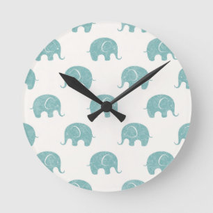 Teal Cute Elephant Pattern Round Clock