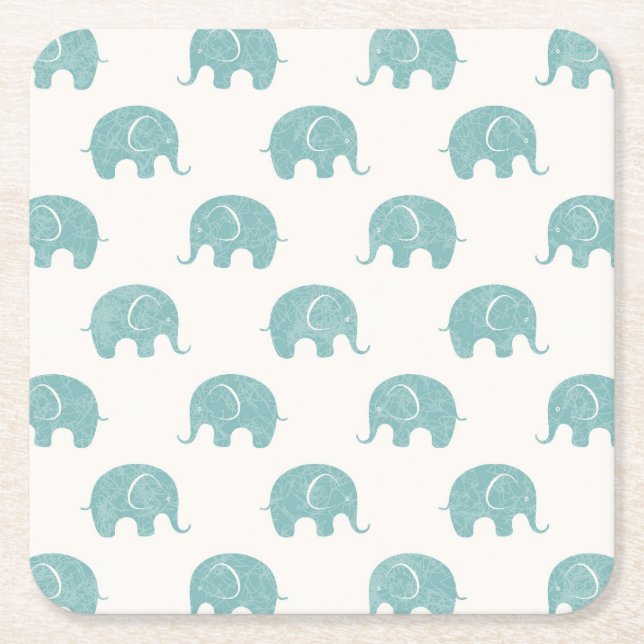 Teal Cute Elephant Pattern Square Paper Coaster (Front)