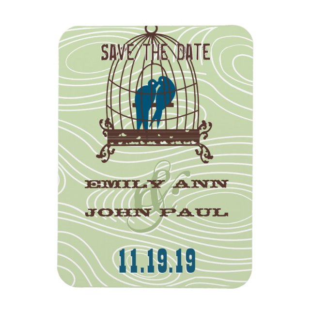 Teal Cute Kissing Love Birds Sitting in Bird Cage Magnet (Vertical)