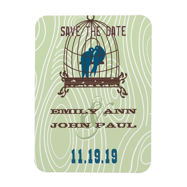 Teal Cute Kissing Love Birds Sitting in Bird Cage Magnet (Vertical)