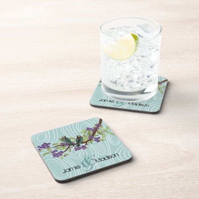 Teal Cute Love Birds Sitting in Tree Coaster (Right Side)
