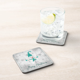 Teal Cute Snowman Beverage Coaster