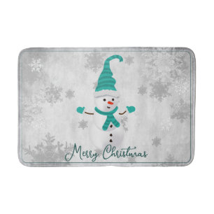 Teal Cute Snowman Holiday Bath Mat