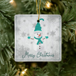 Teal Cute Snowman Holiday Ceramic Ornament