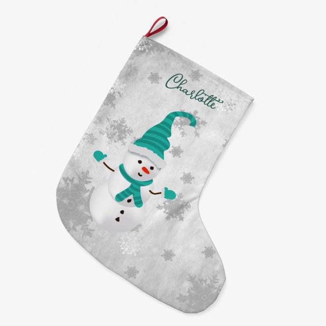 Teal Cute Snowman Holiday Stocking (Front (Hanging))