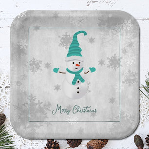 Teal Cute Snowman Paper Plate