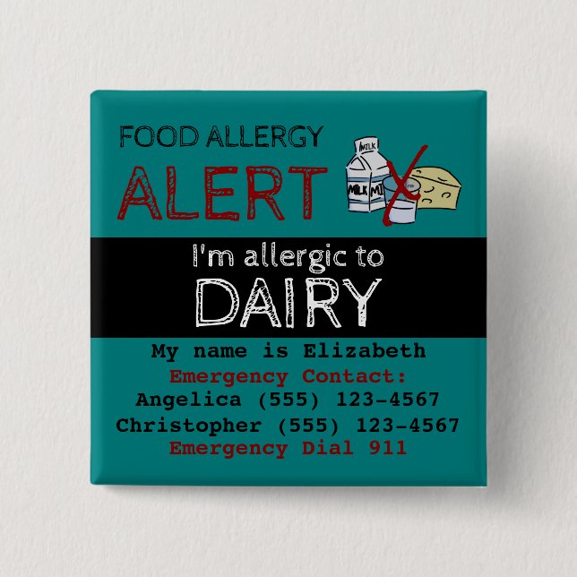 Teal Dairy Food Allergy Alert Label 15 Cm Square Badge (Front)