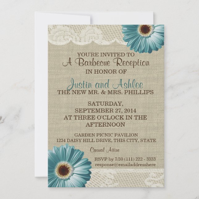 Teal Daisy and Burlap BBQ Wedding Reception Invitation (Front)