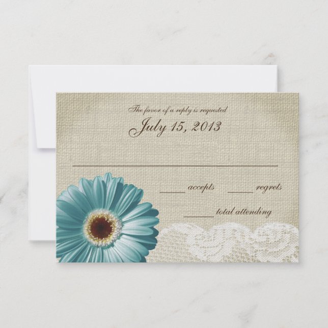 Teal Daisy and Lace Wedding Response Card (Front)