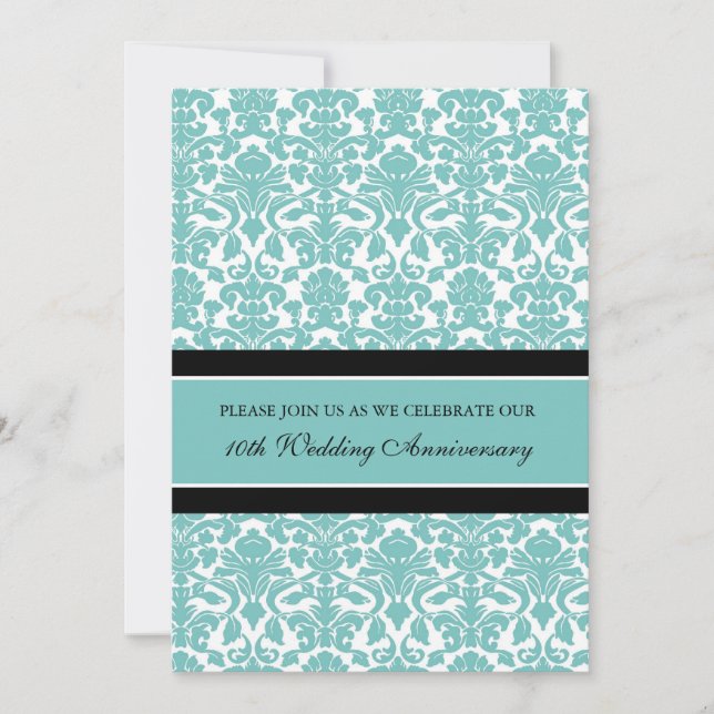 Teal Damask 10th Anniversary Party Invitation (Front)