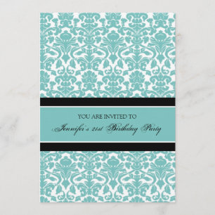 Teal Damask 21st Birthday Party Invitations