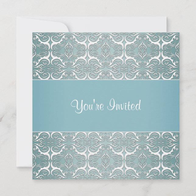 Teal Damask All Occasion Party Template Invites (Front)