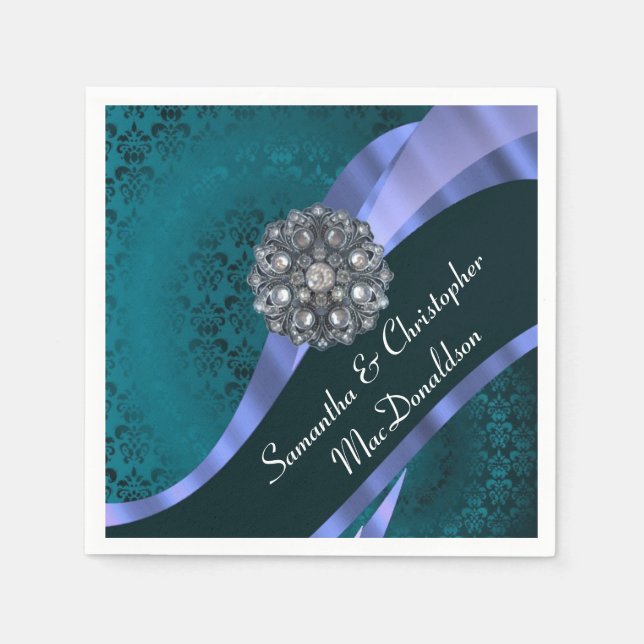 Teal damask and crystal rhinestone napkin (Front)
