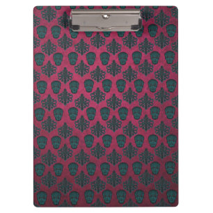 Teal Damask And Skulls On Textured Hot Pink Clipboard