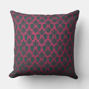 Teal Damask And Skulls On Textured Hot Pink Cushion
