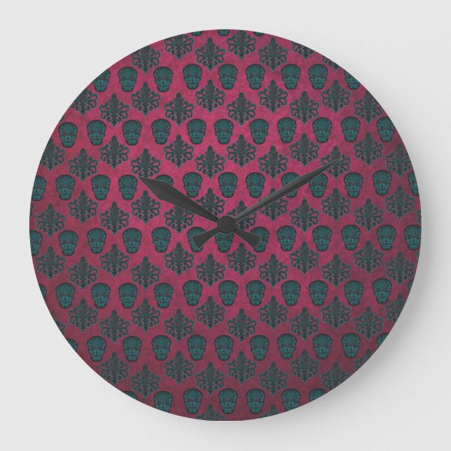 Teal Damask And Skulls On Textured Hot Pink Large Clock (Front)