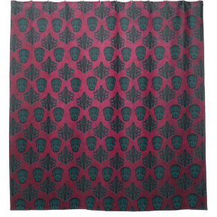 Teal Damask And Skulls On Textured Hot Pink Shower Curtain