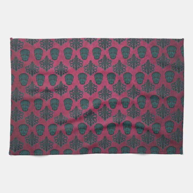 Teal Damask And Skulls On Textured Hot Pink Tea Towel (Horizontal)