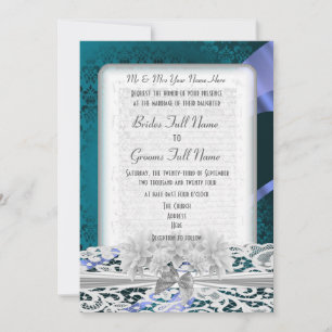 Teal damask and white lace wedding invitation