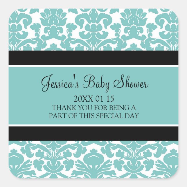Teal Damask Baby Shower Favour Stickers (Front)