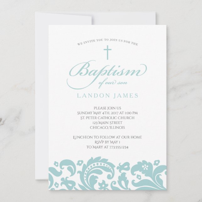 Teal Damask Baptism Invitation (Front)