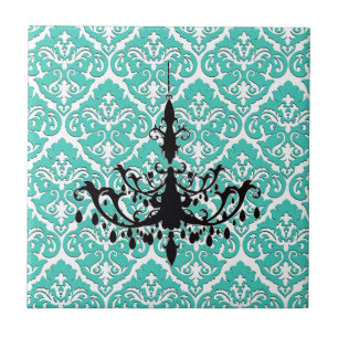 Teal Damask Black Chandelier Ceramic Tile