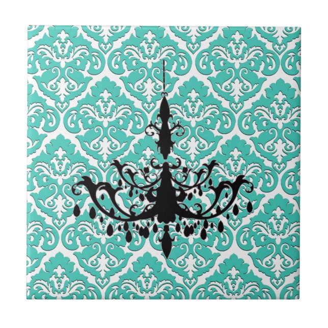 Teal Damask Black Chandelier Ceramic Tile (Front)