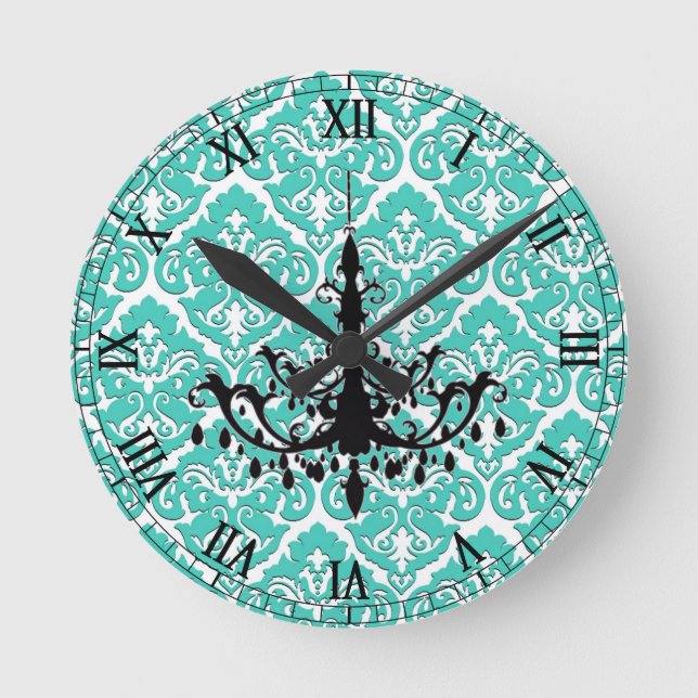 Teal Damask Black Chandelier Round Clock (Front)