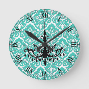 Teal Damask Black Chandelier Round Clock