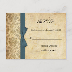 Teal Damask Bow Wedding RSVP Card