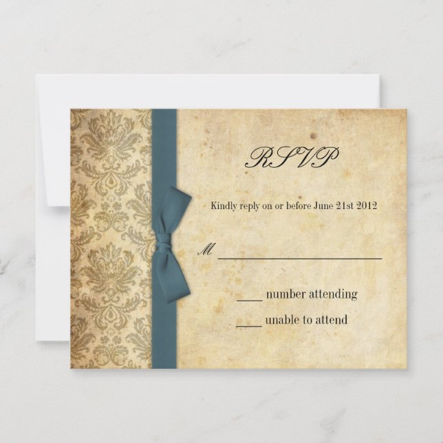 Teal Damask Bow Wedding RSVP Card (Front)