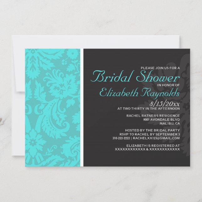 Teal Damask Bridal Shower Invitations (Front)