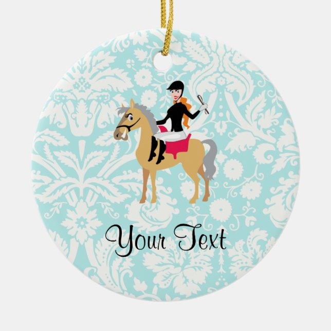 Teal Damask Equestrian Ceramic Tree Decoration (Front)