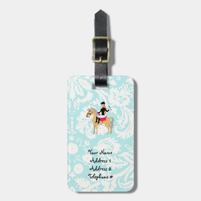 Teal Damask Equestrian Luggage Tag (Front Vertical)