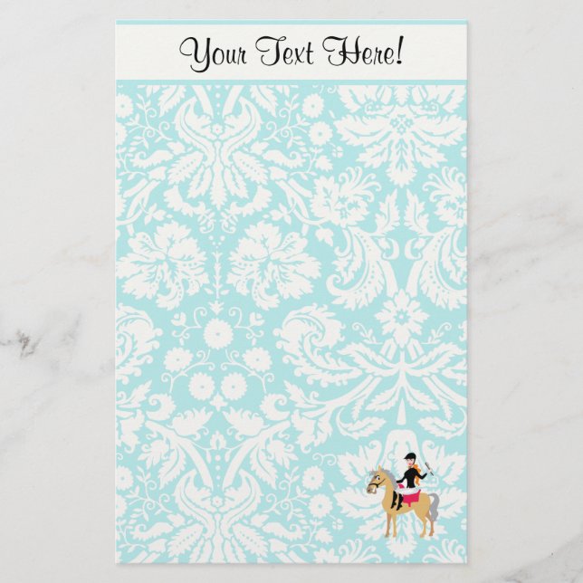 Teal Damask Equestrian Stationery (Front)