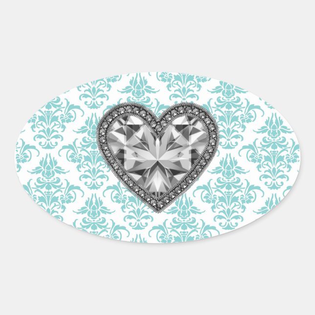 Teal Damask Heart Envelope Seal Party Favour Label (Front)