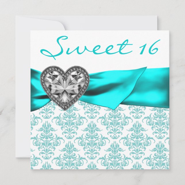 Teal Damask Heart Teal Blue Sweet 16 Party Invitation (Front)