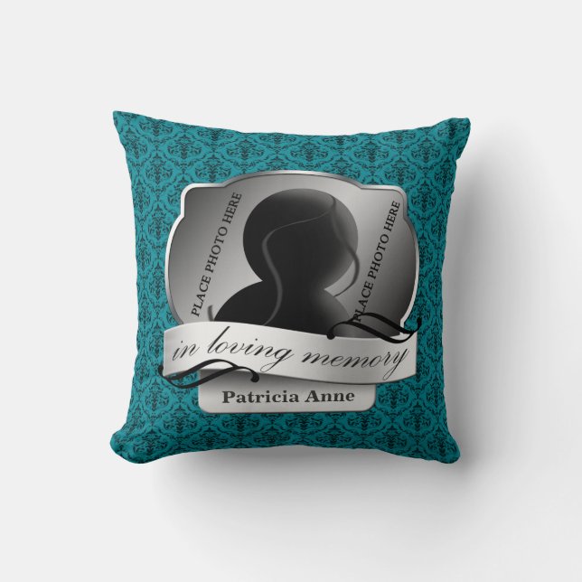 Teal Damask "In Loving Memory" In Memoriam Cushion (Front)