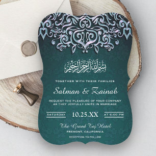 Teal Damask Islamic Muslim Wedding Invitation